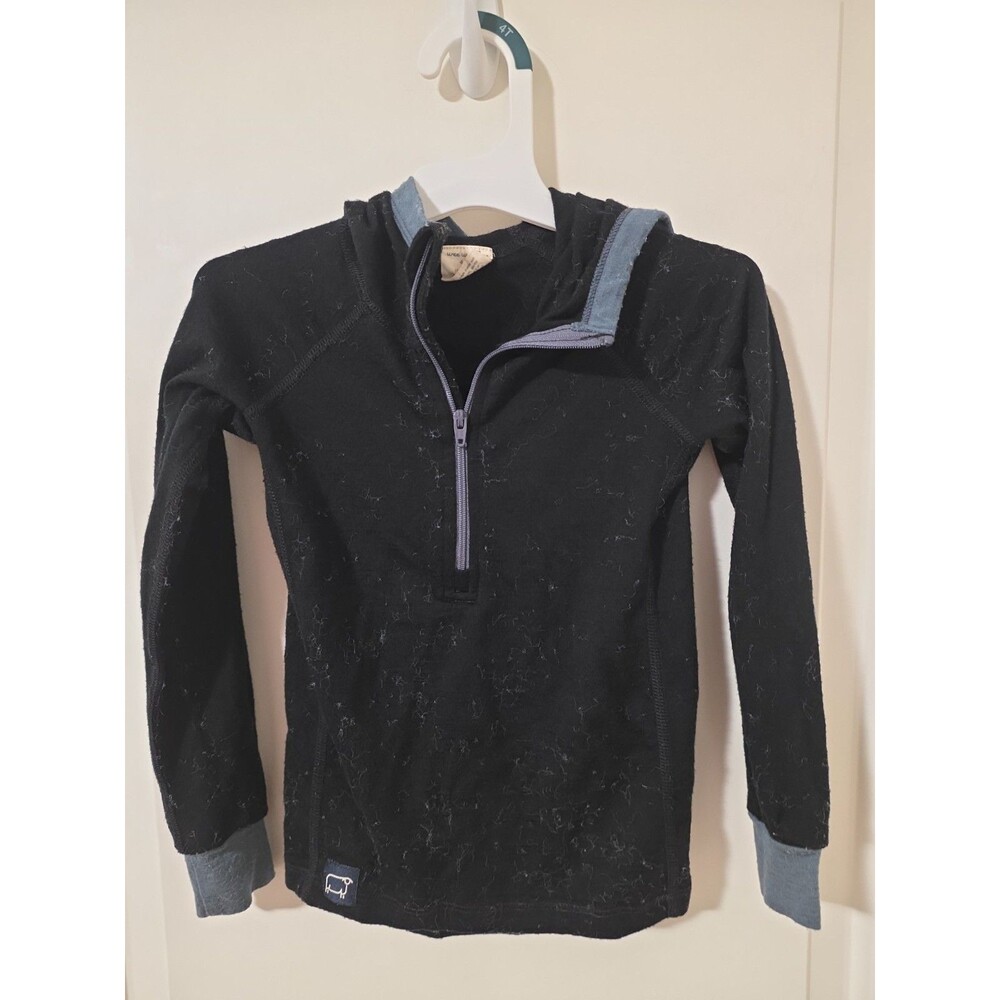 Wee Woolies Black 100% Merino Wool Top  4-5 Made In Canada Zip With Hoodie